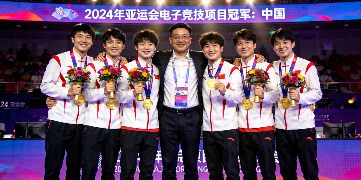 2024年亚运会电子竞技项目中国队夺冠后庆祝合影