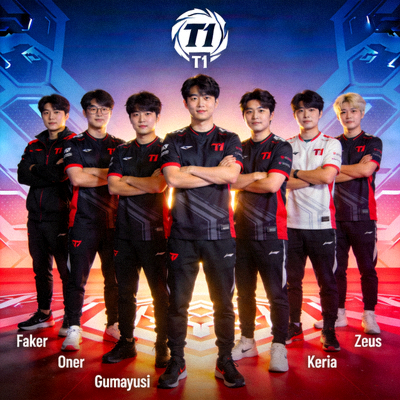 T1战队队标及旗下英雄联盟选手合影
